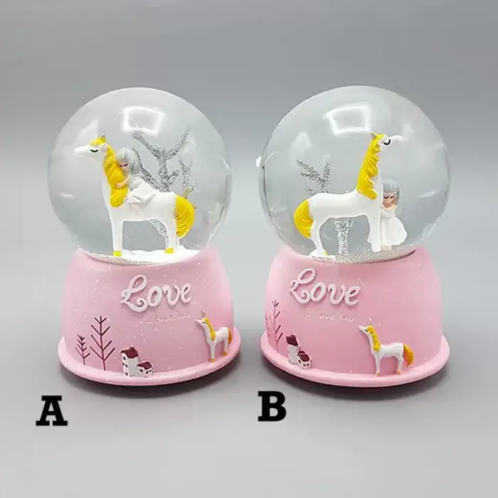 AsilTech Mini Pembe Kar Küresi - Sevimli Unicorn ve Kız Tasarımlı - Işıklı