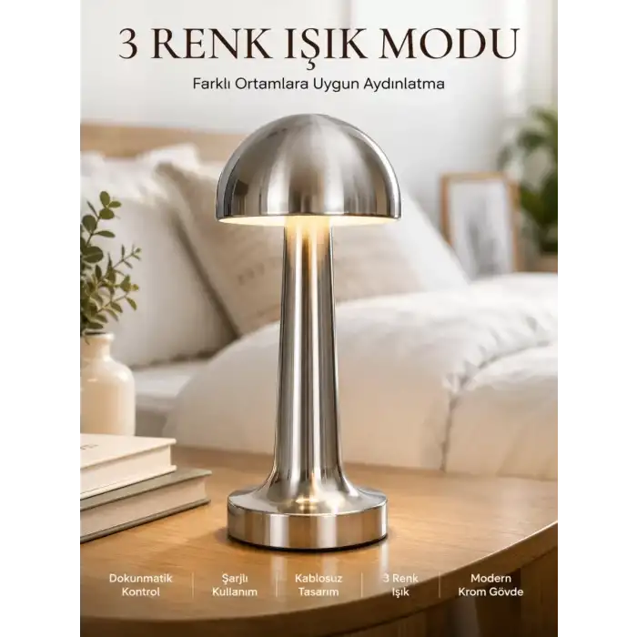 AsilTech Modern Mantar Masa Lambası Dokunmatik 3 Işık Modlu Şarjlı Kablosuz LED Yeni Nesil