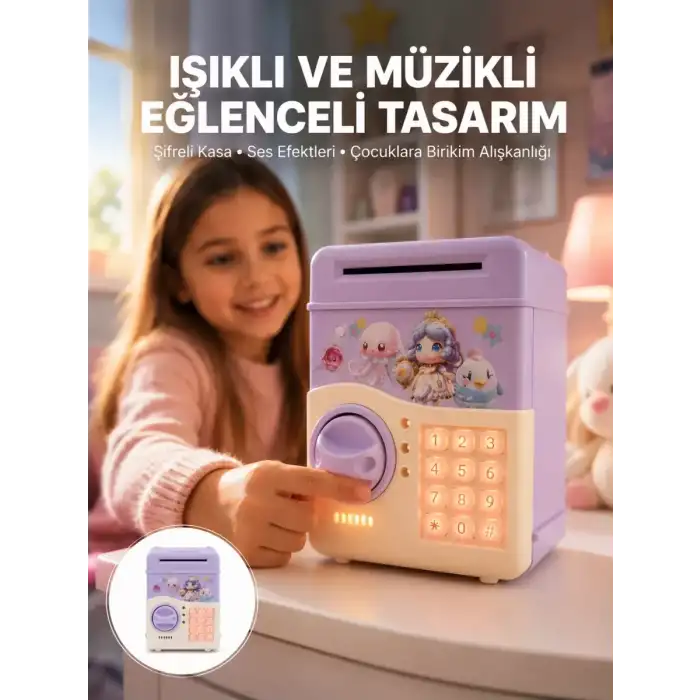 AsilTech Mor Otomatik Para Girişli Elektronik Şifreli Kumbara