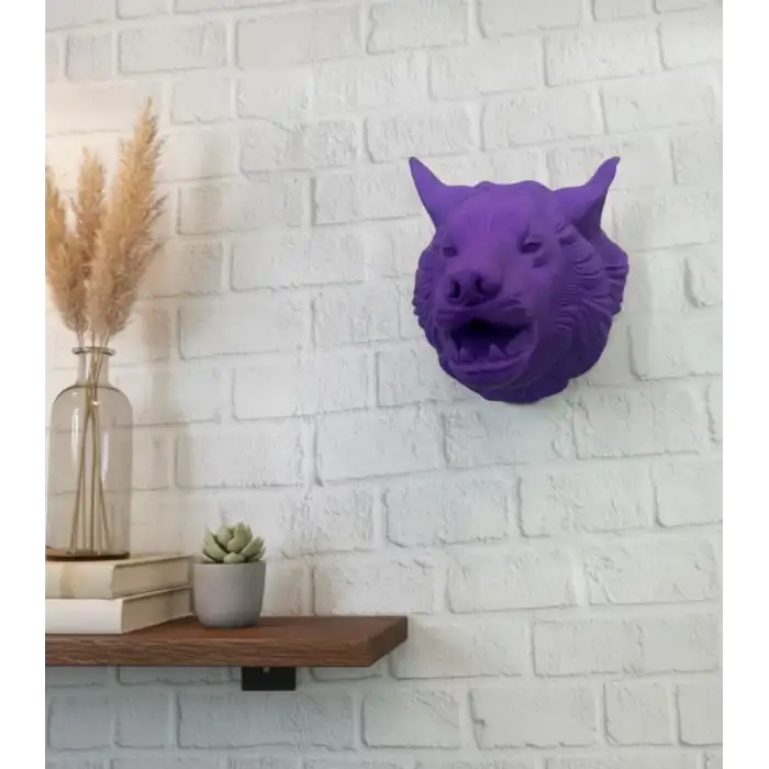 AsilTech Mor Renk 3D Kurt Başı Duvar Dekoru Asılabilir Maskot Heykel 25x19 cm