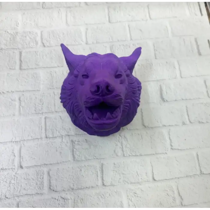 AsilTech Mor Renk 3D Kurt Başı Duvar Dekoru Asılabilir Maskot Heykel 25x19 cm
