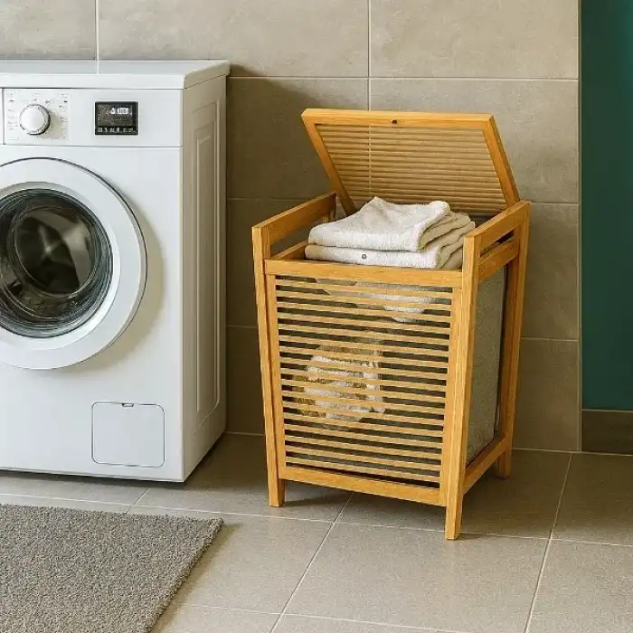 AsilTech Orta Boy Ahşap Bambu Kirli Sepeti 40x35x60