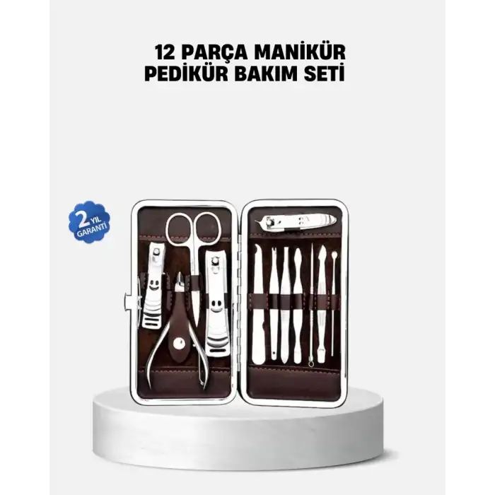 AsilTech Özel Deri Çantalı 12 Parça Manikür Pedikür Bakım Seti Paslanmaz Çelik