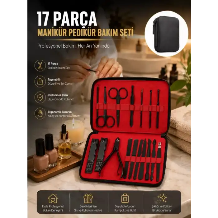 AsilTech Paslanmaz Çelik 17 Parça Manikür Pedikür Seti ve Taşınabilir Şık Çanta