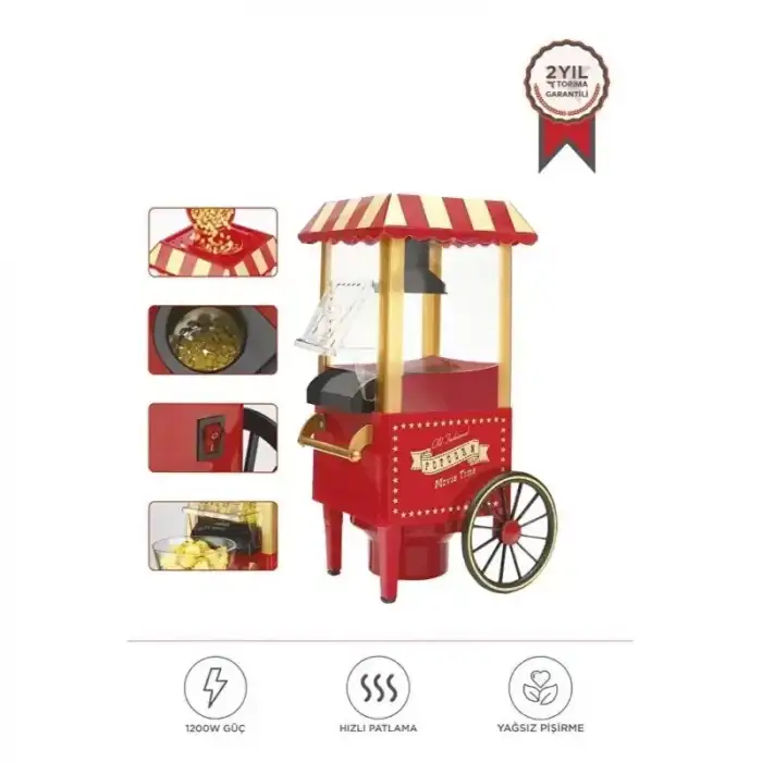 AsilTech Patlamış Mısır Makinesi - Yağsız Pişirme - Nostaljik Model