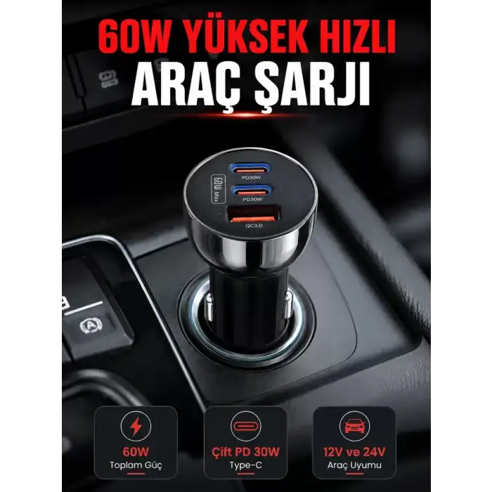 AsilTech PD 30W Çift USB-C Araç Şarj Cihazı 60W Hızlı Şarj Adaptörü