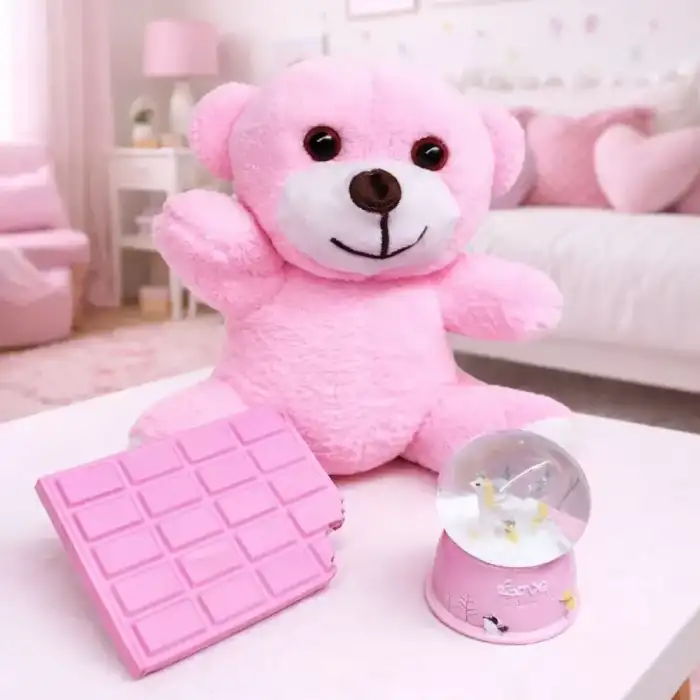 AsilTech Pembe Peluş Ayıcık, Kar Küresi Ve Pembe Çikolata Not Defteri Hediye Seti