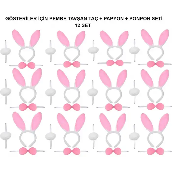 AsilTech Pembe Tavşan Kostüm Seti – Taç, Papyon, Ponpon (12’li Paket)