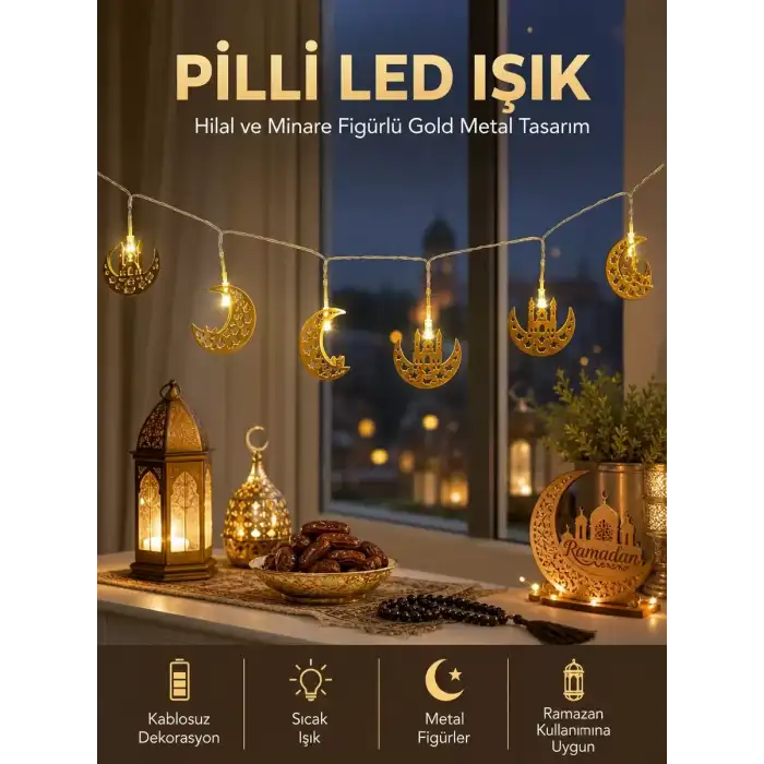 AsilTech Pilli Minareli Hilal LED Işık Gold Metal Ramazan Dekorasyonu