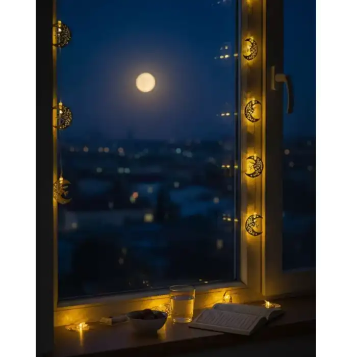AsilTech Pilli Minareli Hilal LED Işık Gold Metal Ramazan Dekorasyonu