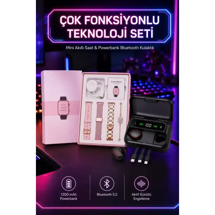 AsilTech Powerbank Özellikli Bluetooth Kulaklık ve Nabız Ölçer Akıllı Saat Bileklik Hediyeli
