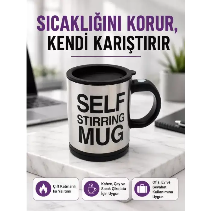 AsilTech Pratik ve Dayanıklı Termos Kupa | Tek Tuşla Otomatik Karıştırma