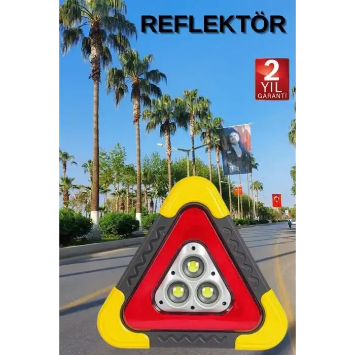 AsilTech Reflektör Güneş Panelli Solarlı Şarjlı Üçgen Işıklı Trafik Reflektör Fener