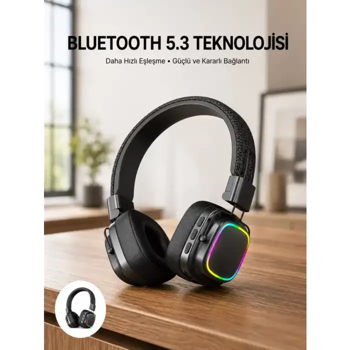 AsilTech Renkli Işık Efektli Bluetooth 5.3 Müzik Kulaklığı Yeni Nesil