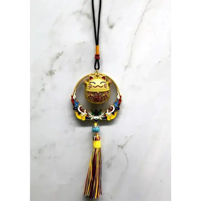 AsilTech Renkli Püsküllü Şans Kedisi Feng Shui Askılık