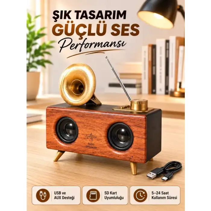 AsilTech Retro Gramofon Tasarımlı Bluetooth Hoparlör – 3D Stereo Ses, 1800 mAh Batarya