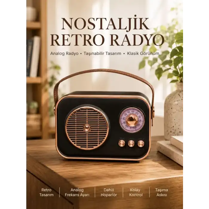AsilTech Retro Tarz Kablosuz Radyo – Bluetooth, USB ve TF Kart Girişli