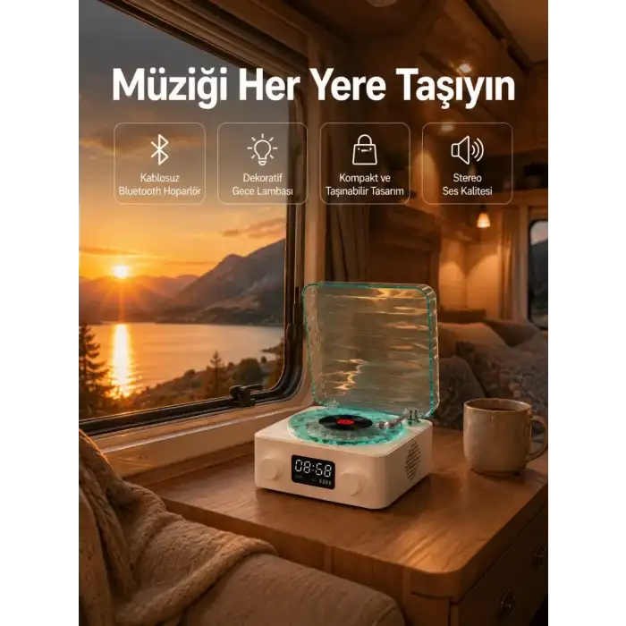 AsilTech Retro Tasarımlı Gece Lambalı Bluetooth Hoparlör – Saat ve Pil Göstergeli
