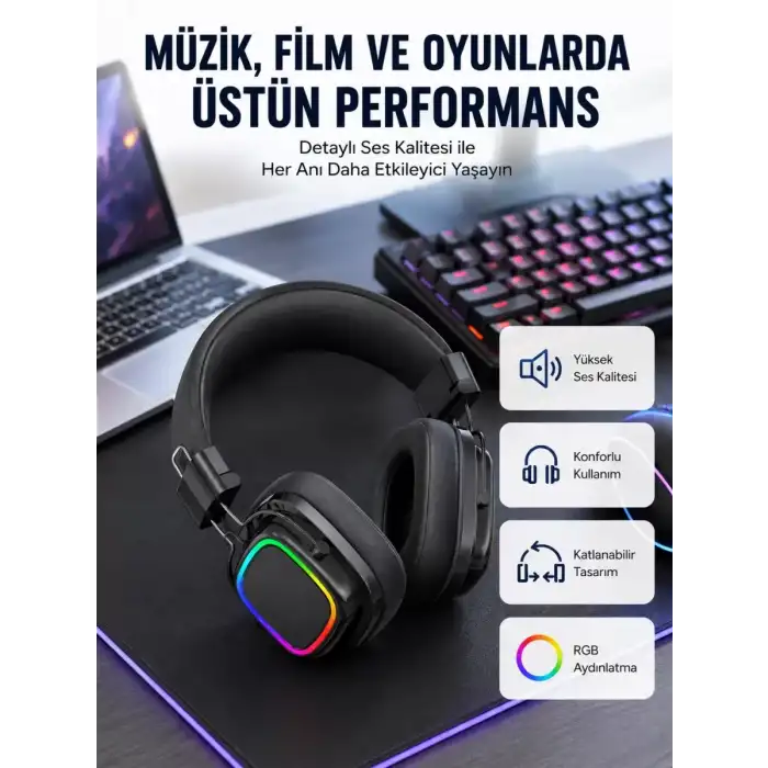AsilTech RGB Işıklı Katlanabilir Bluetooth 5.3 Kulak Üstü Kulaklık