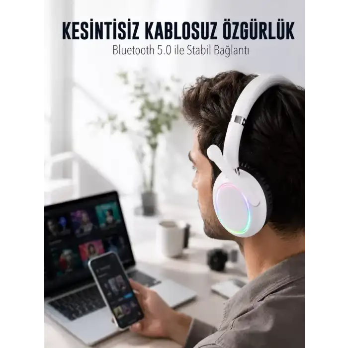 AsilTech RGB Işıklı Mikrofonlu Bluetooth Kulaklık Beyaz Over-Ear Tasarım Type-C Şarjlı