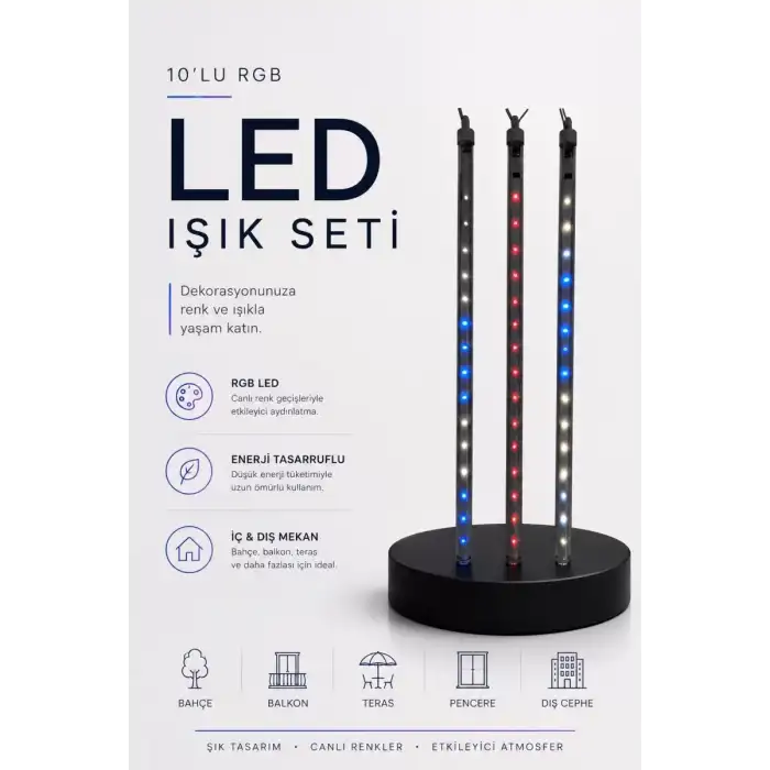 AsilTech RGB LED Dış Ve İç Mekan Süsleme Işığı 10 Çubuklu Şerit
