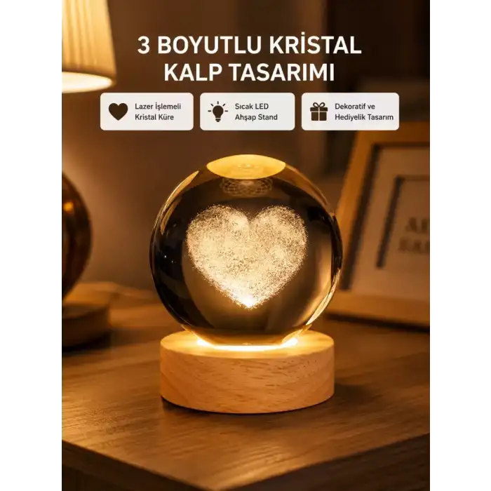 AsilTech Romantik Kalpli Kristal Cam Küre USB’li Işıklı Dekoratif Obje