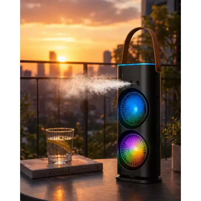 AsilTech Şarjlı Buharlı Serinletici Fan RGB Işıklı Çift Pervaneli Masa Fanı