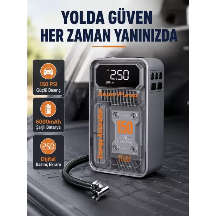 AsilTech Şarjlı Kablosuz Hava Pompası – 150 PSI Basınç, LED Ekran ve 6000mAh Batarya