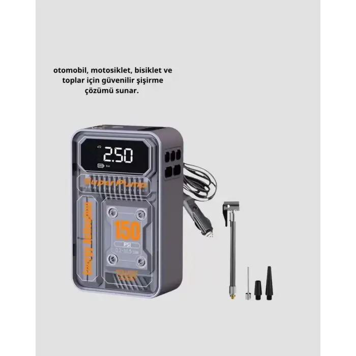 AsilTech Şarjlı Kablosuz Hava Pompası – 150 PSI Basınç, LED Ekran ve 6000mAh Batarya
