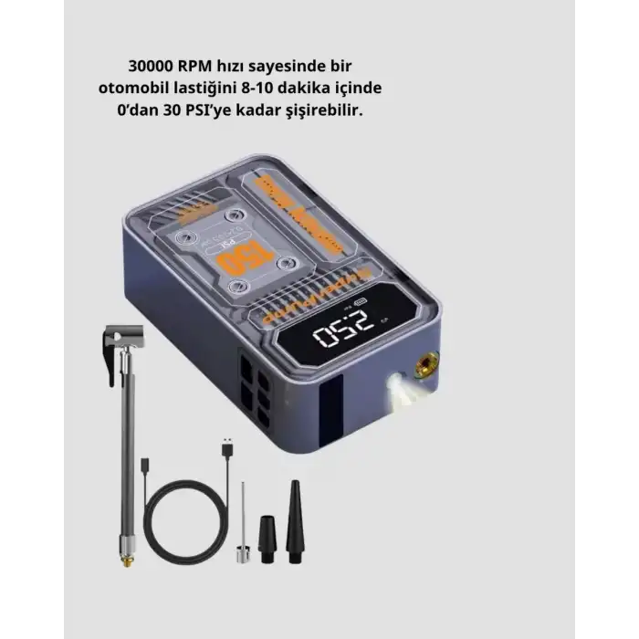 AsilTech Şarjlı Kablosuz Hava Pompası – 150 PSI Basınç, LED Ekran ve 6000mAh Batarya