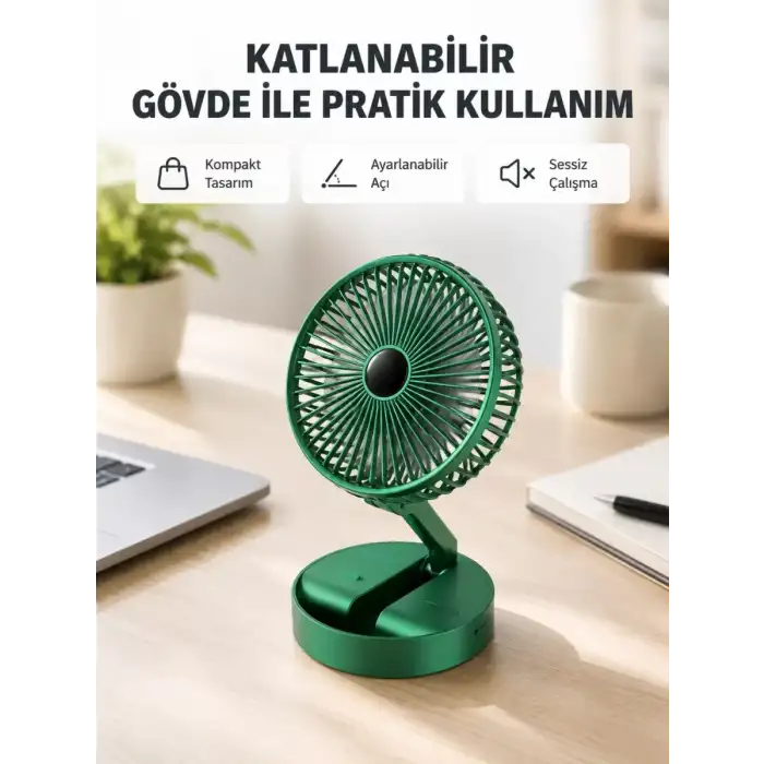 AsilTech Şarjlı Katlanabilir Mini Fan – 3 Kademe Hız Ayarı, Taşınabilir Tasarım