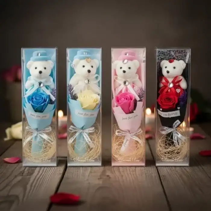 AsilTech Şeffaf Kutulu Ayıcıklı Gül Buketi