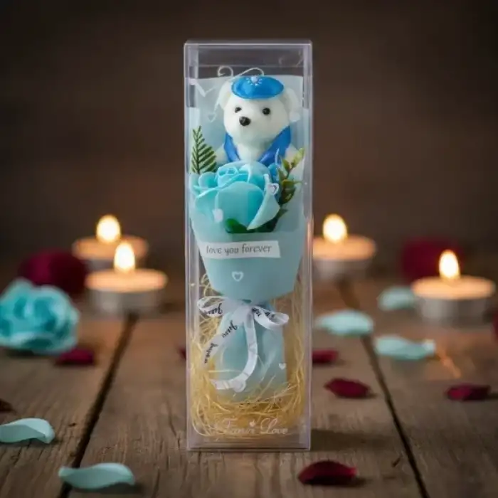 AsilTech Şeffaf Kutulu Ayıcıklı Gül Buketi