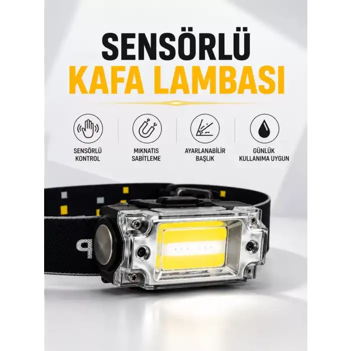 AsilTech Sensör Kontrollü Şarjlı Beyaz LED Kafa Lambası ve El Feneri
