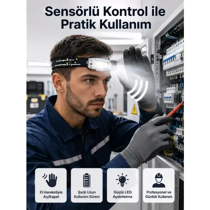 AsilTech Sensörlü Kamp Lambası Ayarlanabilir Kafa Lambası Kafa Bantlı