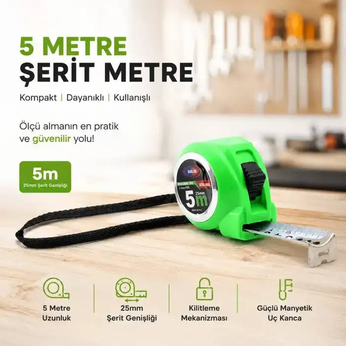 AsilTech Şerit Metre - 5 Metre Uzunluk - Manyetik Uç