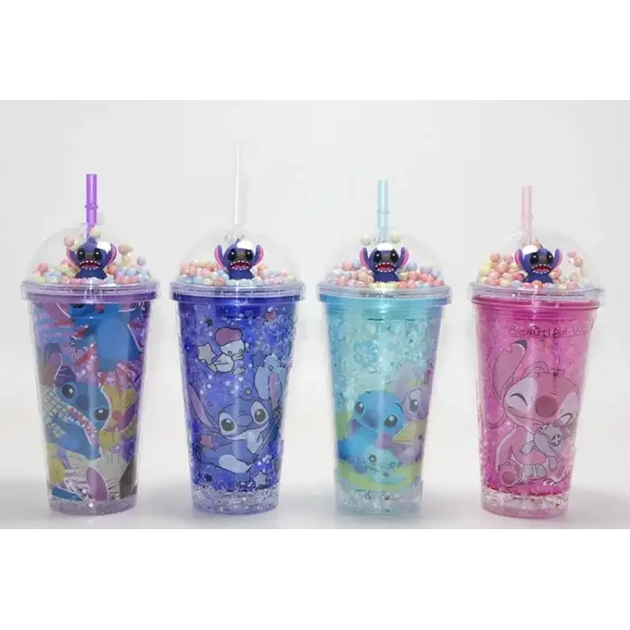 AsilTech Sevimli Stitch Işıklı Pipetli Pullu Suluk Bardak 400 ml