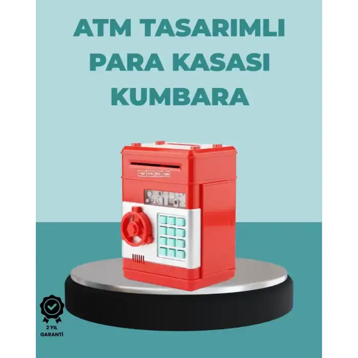 AsilTech Şifreli Kırmızı ATM Tasarımlı Çelik Kasa Görünümlü Kumbara