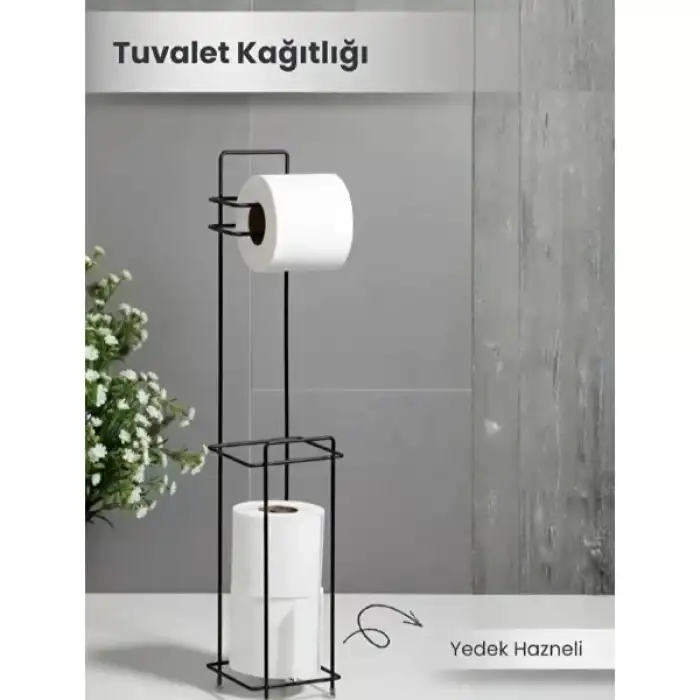 AsilTech Siyah Standlı Yedek Hazneli Tuvalet Kağıtlığı