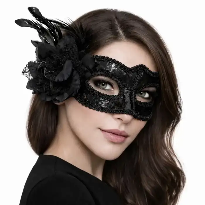 AsilTech Siyah Venedik Parti Maskesi – Çiçekli Tüylü Payetli
