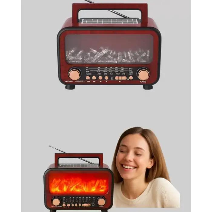 AsilTech Solar Panelli Alev Işıklı Bluetooth Hoparlör – Çoklu Giriş, Uzun Pil Ömrü