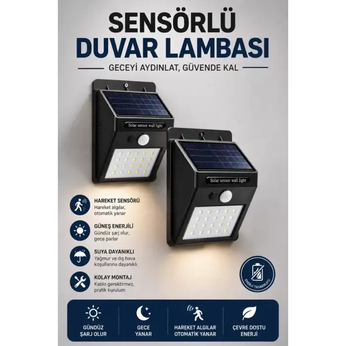 AsilTech Solar Sensörlü Duvar Lambası Bahçe Lamba 20 Led Işık
