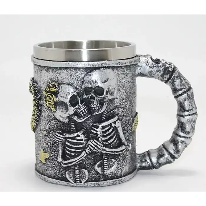 AsilTech Sonsuz Aşk İskelet Tasarımlı 3D Kabartmalı Çelik Kupa Bardak