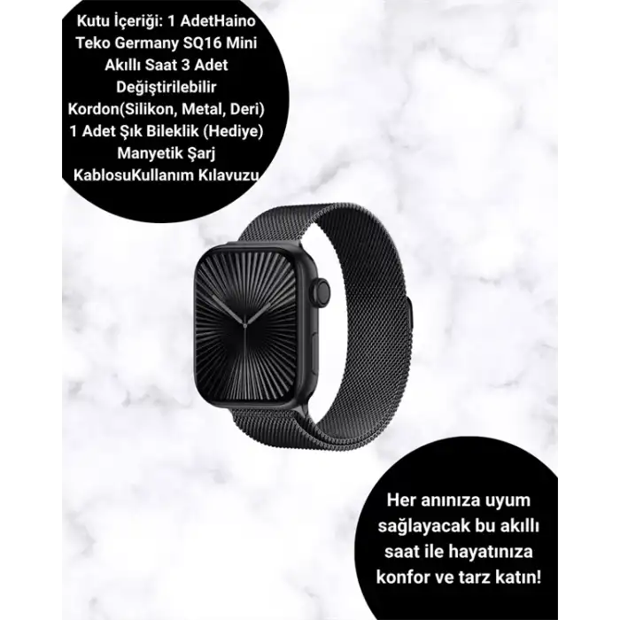 AsilTech SQ-16 Mini Series 10 Akıllı Saat | Şık ve Hafif Tasarım, 3 Kordon Seçeneği