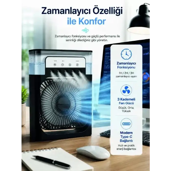 AsilTech Su Hazneli Püskürtmeli Fan 1-3-5 Püskürtme Seçeneği, Type-C Güç Girişi