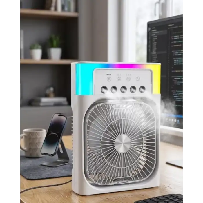 AsilTech Su Püskürtmeli Mini Klima Fan USB Şarjlı Masaüstü Soğutucu RGB Işıklı