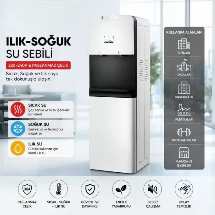 AsilTech Su Sebili - Sıcak, Ilık ve Soğuk Su Seçenekli - Üstten Yüklemeli