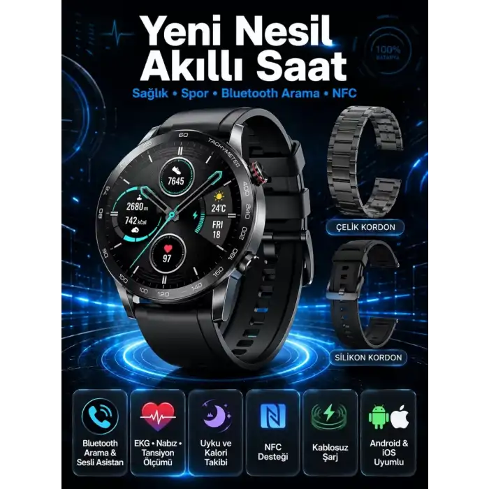 AsilTech Suya Dayanıklı Dokunmatik Akıllı Saat Bluetooth 5.0, Sesli Asistan ve Sağlık Takibi
