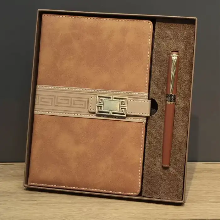 AsilTech Taba Rengi Termo Deri Defter Ve Metal Roller Kalem Seti