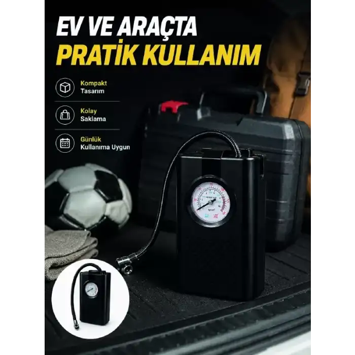 AsilTech Taşınabilir Araç Hava Pompası Analog Manometreli Lastik Şişirme Pompası